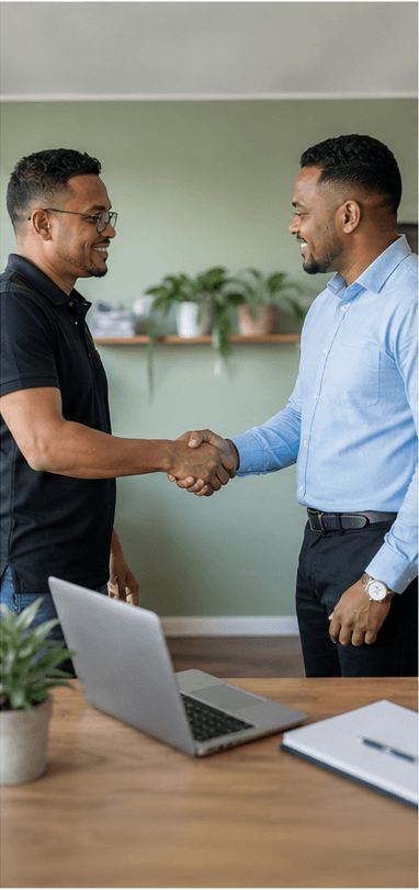 A business owner and consultant shaking hands after agreeing website scope